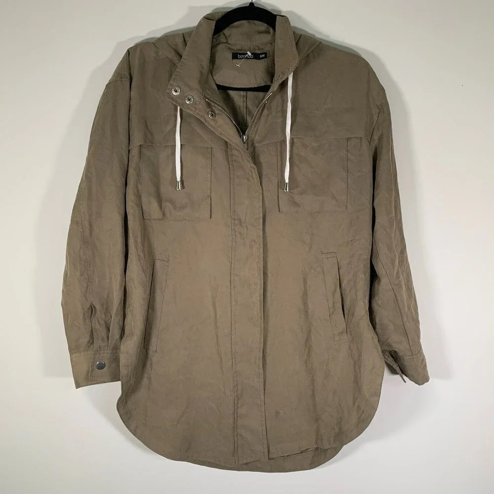 BooHoo Jacket Women’s Small Medium Green Full Zip Curved Hem Hooded